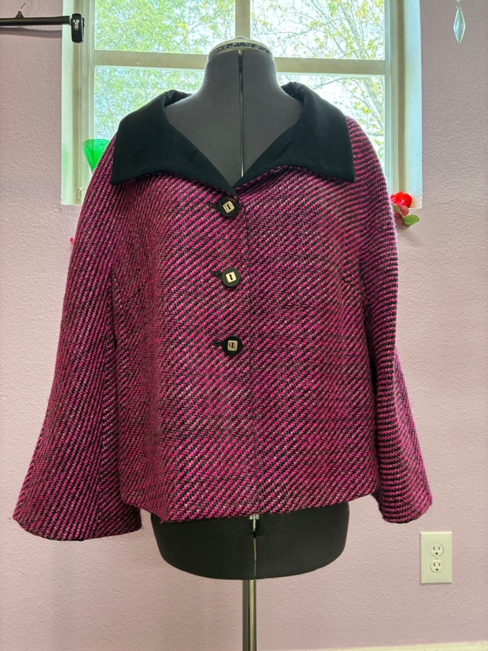 Escada Pink Black Diagonal Wool Blazer Pea Coat Size 42